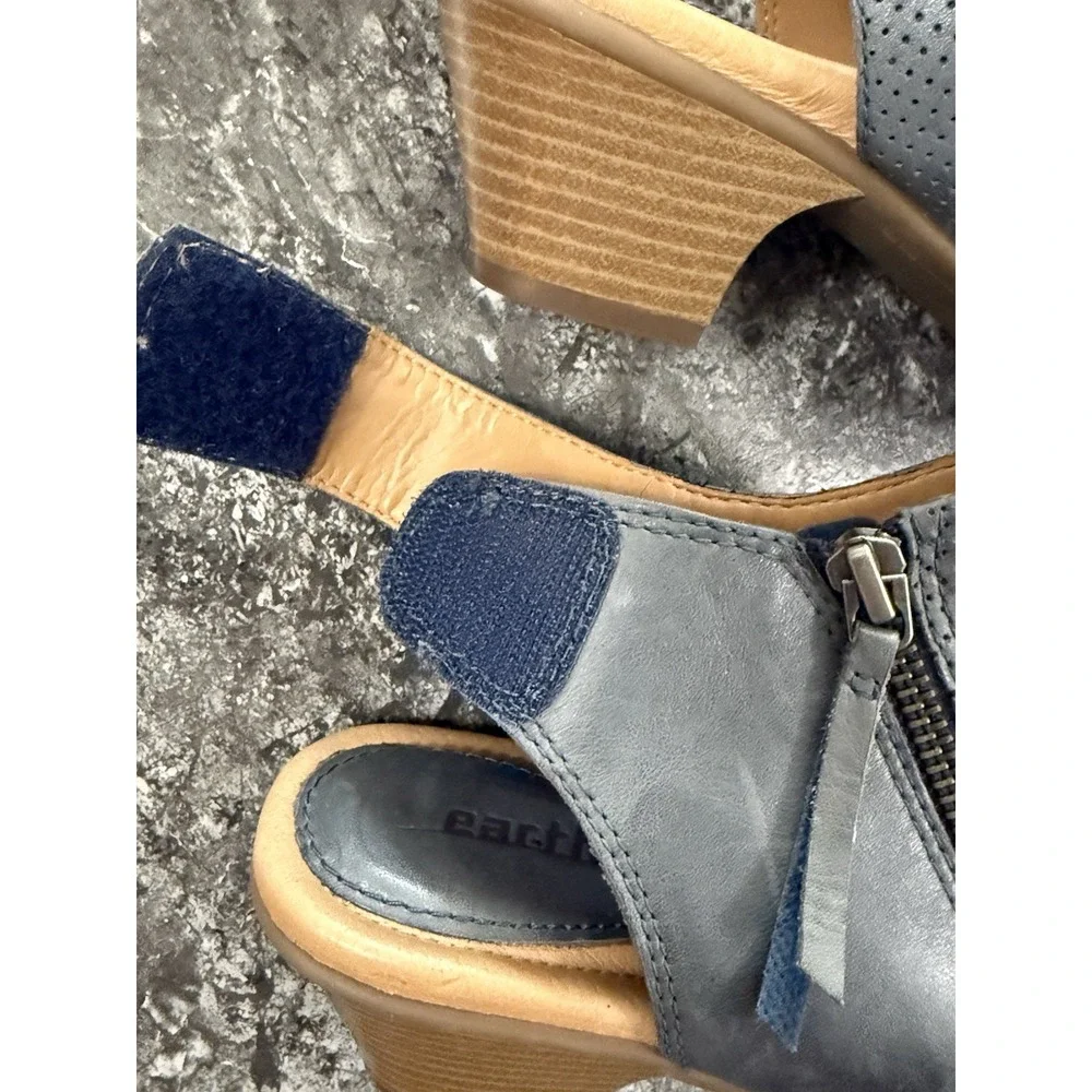 Earth Hydra Leather Perforated Peep Toe Bootie Sandal Heel Admiral Blue 10B